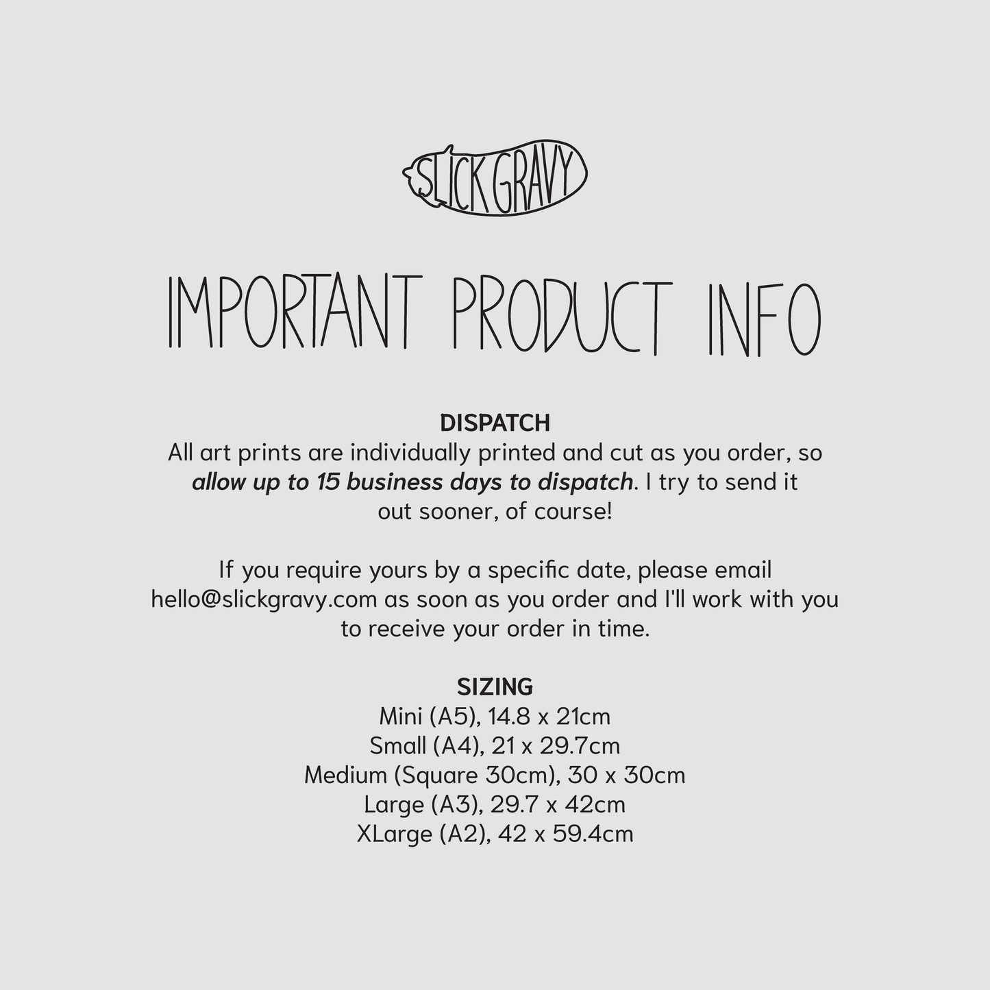 Important product information card with Slick gravy branding on a light gray background