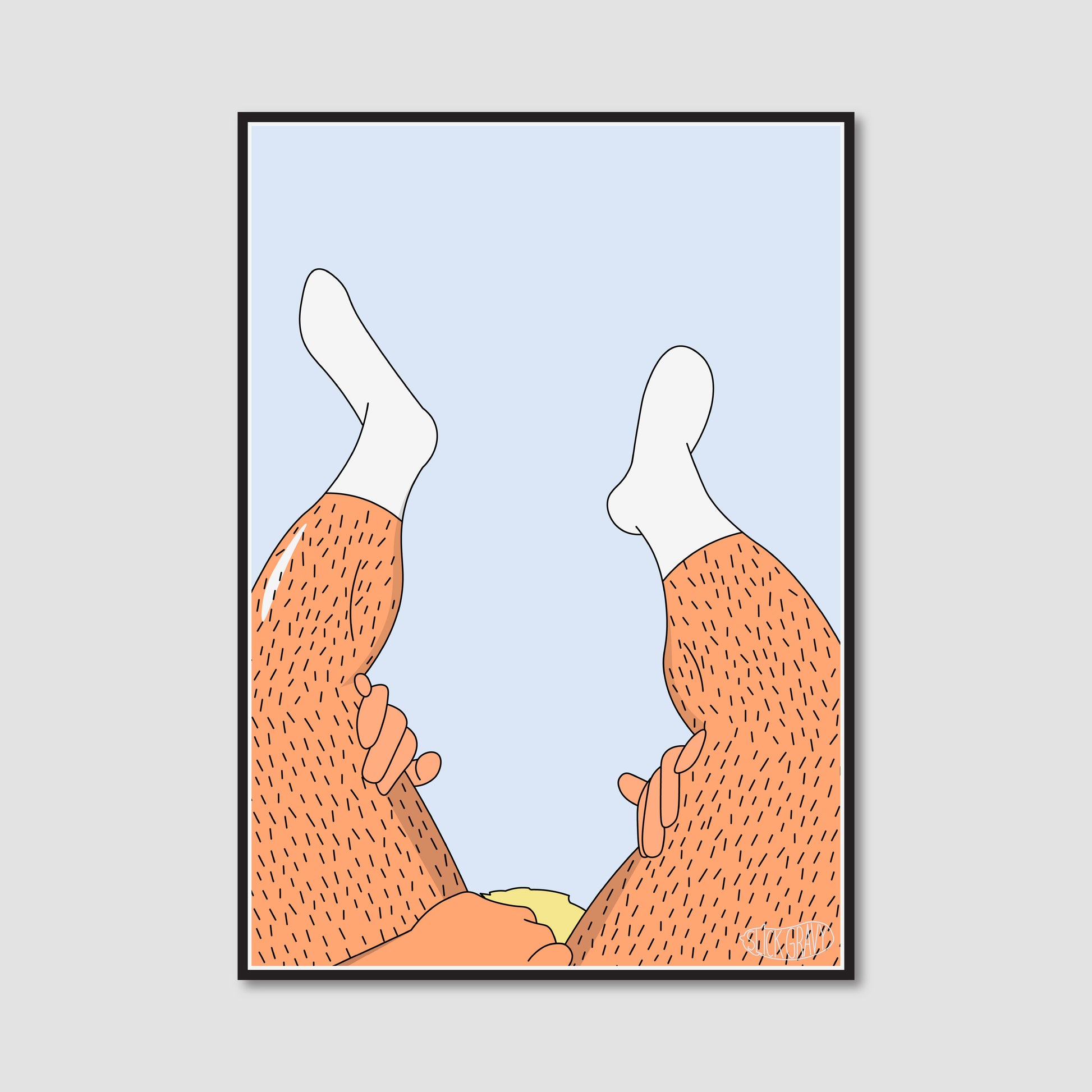 A framed art print featuring an illustration of two legs with hairy lower legs and white socks pointing upward. There is a head and hands in between these legs.