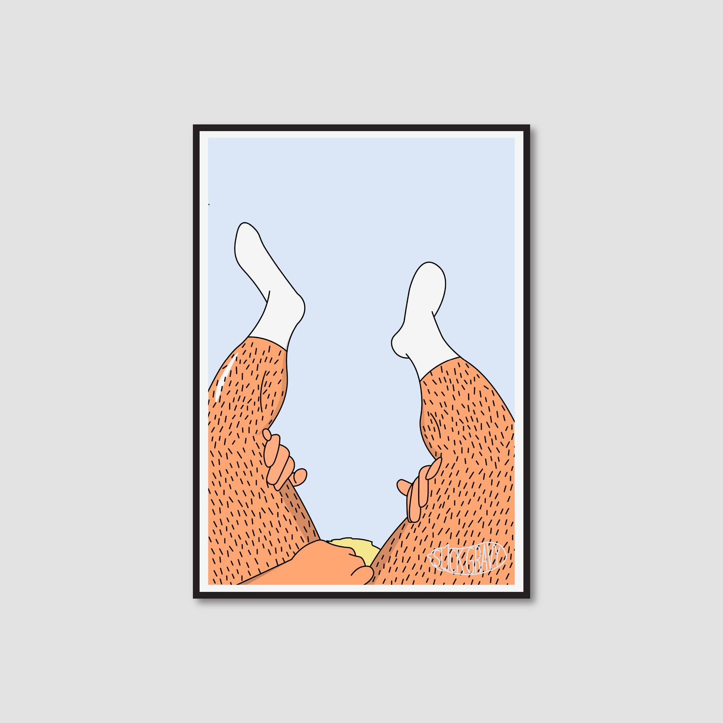 A framed art print featuring an illustration of two legs with hairy lower legs and white socks pointing upward. There is a head and hands in between these legs.