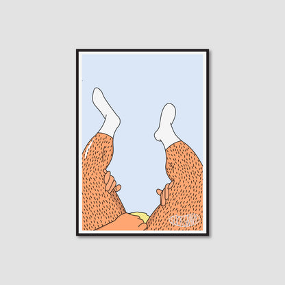 A framed art print featuring an illustration of two legs with hairy lower legs and white socks pointing upward. There is a head and hands in between these legs.