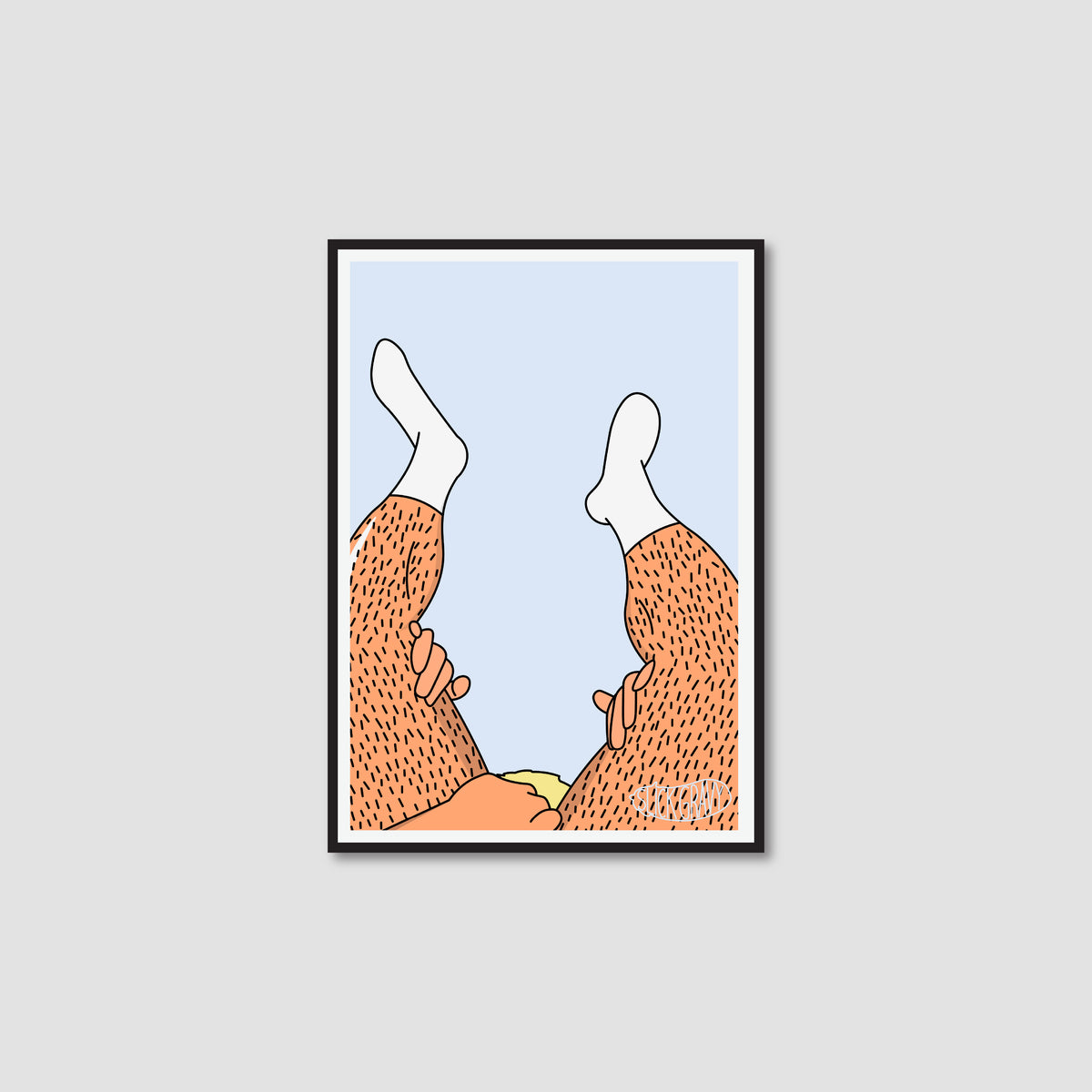 A framed art print featuring an illustration of two legs with hairy lower legs and white socks pointing upward. There is a head and hands in between these legs.