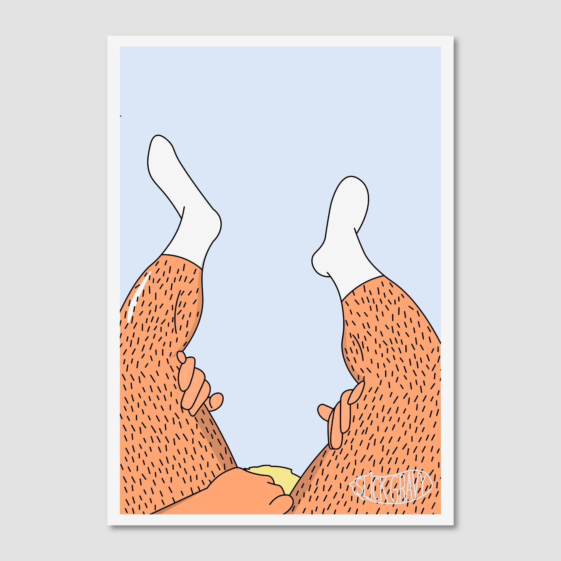 An art print featuring an illustration of two legs with hairy lower legs and white socks pointing upward. There is a head and hands in between these legs.